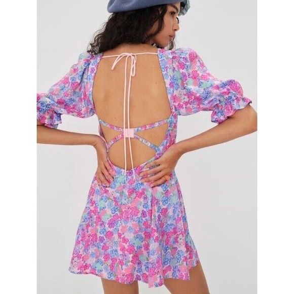 NWT FOR LOVE & LEMONS X Free People Angie Puff Sleeve Mini Dress Size Medium - Picture 2 of 5